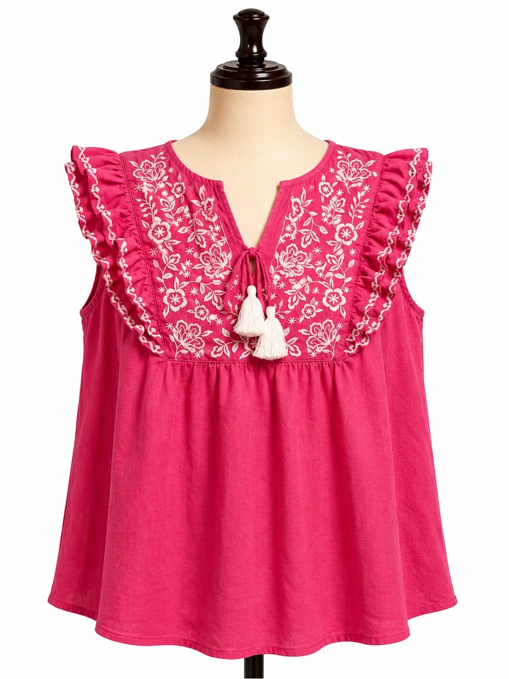 crown & ivy Hot Pink Embroidered Tassel V-Neck Sleeveless Top 100 % linen